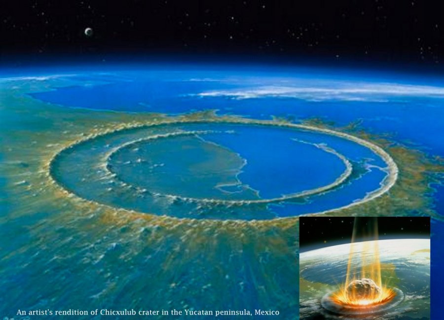 Com 100 km de comprimento e 30 km de largura, a cratera de Chicxulub se formou há 66 milhões de anos, pela ação de um asteroide. - asteróide caindo em destaque