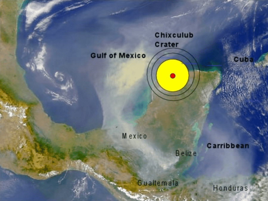 Com 100 km de comprimento e 30 km de largura, a cratera de Chicxulub se formou há 66 milhões de anos, pela ação de um asteroide.