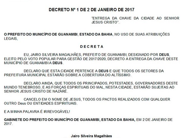 Prefeito de cidade de Guanambi, na Bahia, diz em decreto que cidade pertence a Deus (Foto-Reprodução-Diário Oficial de Guanambi)